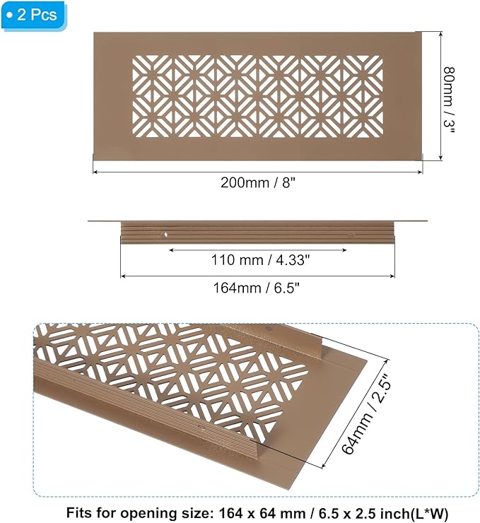 PATIKIL 8 x 3 Inch Door Air Vent Cover, 2 Pcs Heavy Duty Aluminum Grille Ventilation Cover Louvered with Mounting Screws for Cabinet Wardrobe Door, Brown