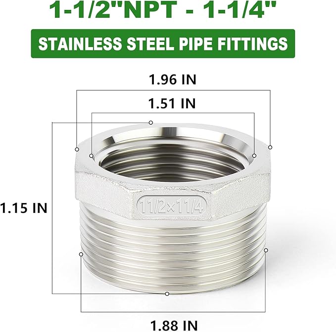 TAISHER 2PCS 304 Stainless Steel Reducer Hex Bushing, 1-1/2" NPT Male x 1-1/4" NPT Female, Reducing Pipe Adapter Fitting