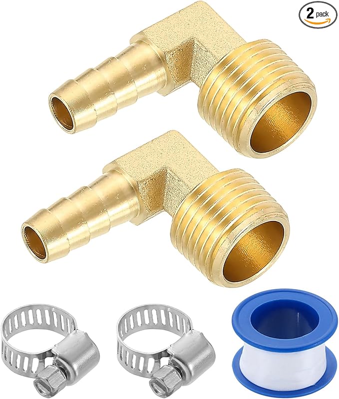 uxcell 2Pcs Brass Hose Barb Fittings, 3/8" x 1/2" NPT 90 Degree Elbow Hose Connectors with Hose Clamps for Water Fuel Gas Oil Transportation
