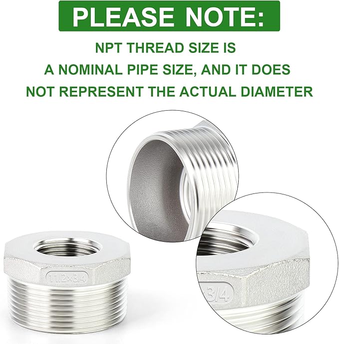 TAISHER 2PCS 304 Stainless Steel Reducer Hex Bushing, 1-1/2" NPT Male x 3/4" NPT Female, Reducing Pipe Adapter Fitting
