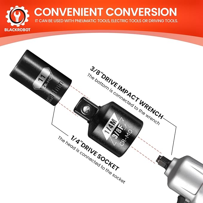 BLACKROBOT 2 Piece 3/8”F To 1/4”M Impact Socket Adapter Set,SAE Drive Cr-Mo Steel Exceeds ANSI Standards,Square Drive Reducer for Impact Driver Wrench