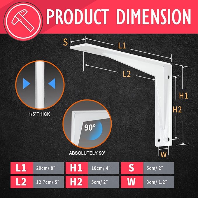 CLT White Shelf Bracket, 8” Quarter Inch (1/5") Thick- Max Load: 220 lb Industrial Modern Farmhouse Heavy Duty Corner Brace Joint Right Angle Bracket for Table Bench, Space Saving DIY, Pack of 4
