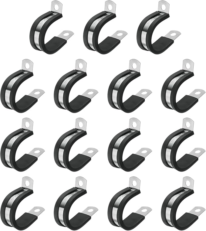 uxcell 1"(25mm) Cable Clamp, 304 Stainless Steel Rubber Cushioned Insulated R Shape Metal Clamp Tube Holder for Pipe Hose Wire Cord Installation 15Pcs
