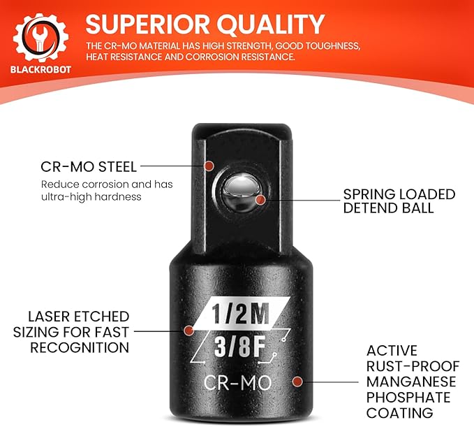 BLACKROBOT 2 Piece 3/8”F To 1/2”M Impact Socket Adapter Set,SAE Drive Cr-Mo Steel Exceeds ANSI Standards,Square Drive Reducer for Impact Driver Wrench
