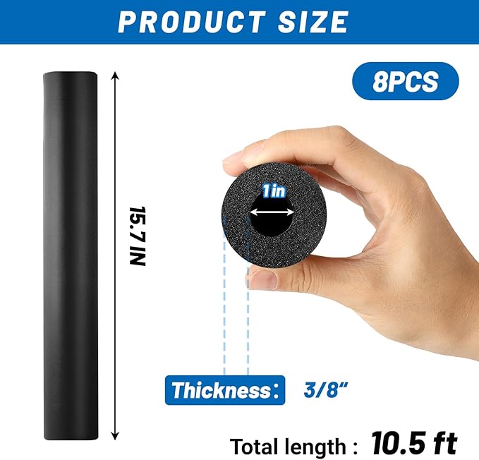 8 Pack Pipe Insulation Foam Tube 1" ID*3/8" TH-15.74" Foam Tubing Black Pipe Cover Heat Preservation for Outdoor Water Pipe Insulation,AC Unit, Exercise Machine Handle & Roof Rack Etc