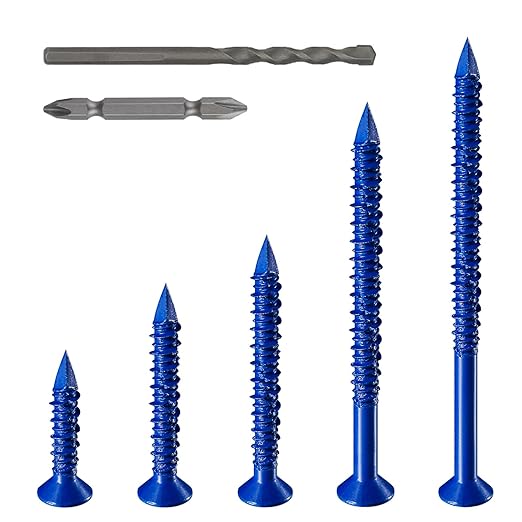 WenSilon(100 PCS) 3/16" Concrete Screw Anchor Kit Blue Flat Head for Anchoring to Masonry, Block or Brick Stucco