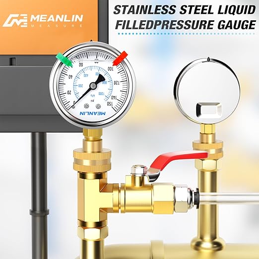 MEANLIN MEASURE 0~150Psi Stainless Steel Frame 3/4" Female 2.5" FACE DIAL Liquid Filled Pressure Gauge WOG Water Oil Air Water Pressure Test Table with Sealing Ring (with 2PCS Snaps)