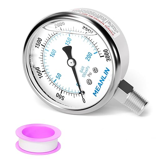 MEANLIN MEASURE 0~3000Psi Liquid Filled Pressure Gauge Stainless Steel with 316 Stainless Steel Joint 1/4" NPT 2.5" FACE DIAL for WOG Water Oil Air Lower Mount