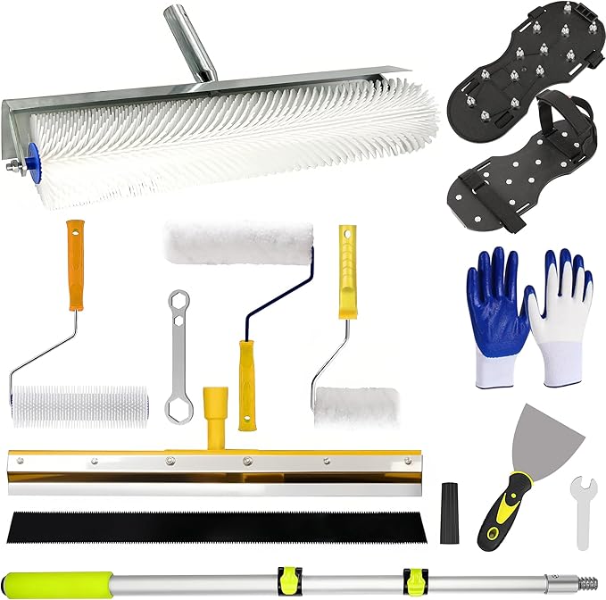 Self-Leveling Cement Tool Kit, Stainless Steel Scraper Self-Leveling Rake, Spike Roller, Floor Construction Roller, Spiked Shoes, Telescopic Pole for Beginners, Professionals