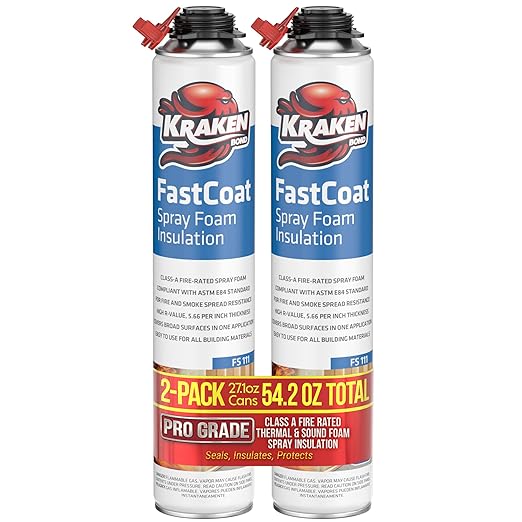 Kraken Bond Fastcoat Fire Rated Spray Foam Insulation (2x27.1 oz.) (R-Value 11.32 / 2in) Closed Cell Expanding Foam - Heat and Acoustic Insulation, Gun & Cleaner Not Includes, 40 Board Ft, 2 Pack