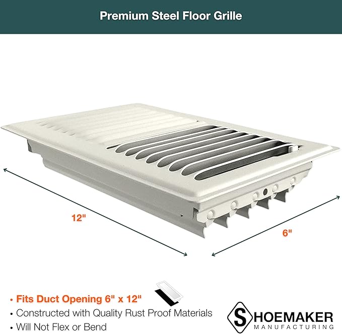 Shoemaker 6x12 Floor Register – Warm White Heavy Duty Metal Floor Vent Cover for Home Floors - Premium Forced Air Vent Covers