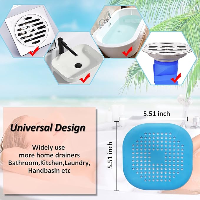 Hair Drain Catcher,Square Drain Cover for Shower Silicone Hair Stopper with Suction Cup,Easy to Install Suit for Bathroom,Bathtub,Kitchen 2 Pack (Blue)