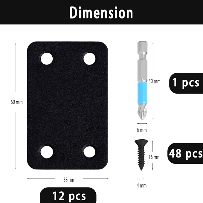 12 Pcs Mending Plate, 2.37 x 1.5 inch Stainless Steel Flat Plates with Holes, Straight Metal Mounting Braces Brackets Kit for Furniture, Wood Joint Connector (Black, 2.36 inch)