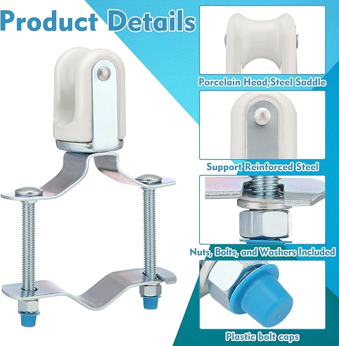 Blulu Heavy Duty Wire Holder, Adjustable Porcelain Wire Holder, 1-1/4" - 3" Adjustable Bracket, Steel Clamp Fits Around Any Pipe or Pole, Ceramic Head for Cables or Wires as an Insulator