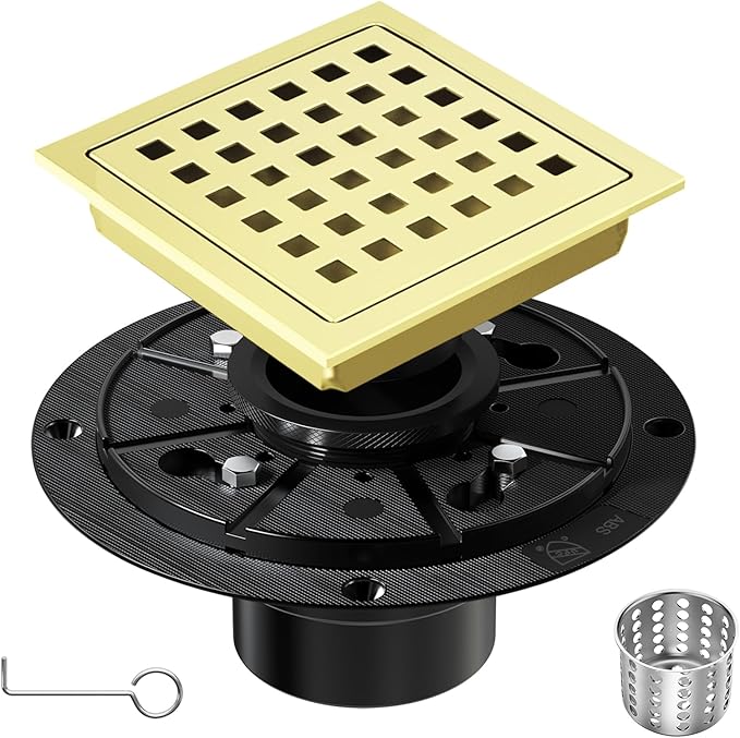 4-1/3 Inch Square Shower Floor Drain with Removable Cover Grid Grate, SUS 304 Stainless Steel, Watermark&CUPC Certified, Chrome Finished (Gold, 4 in)