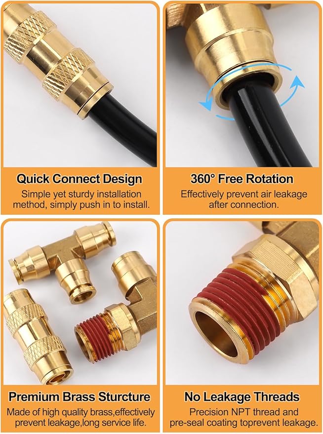 76PCS Quick Connect Brass DOT Air Line Fitting Kit, Kalolary Brass Hose Fittings 1/4" 3/8" 1/2" 1/8" Brake Line Repair Kit Push To Connect Fittings with NPT Threads Air Hose for Workshop Car