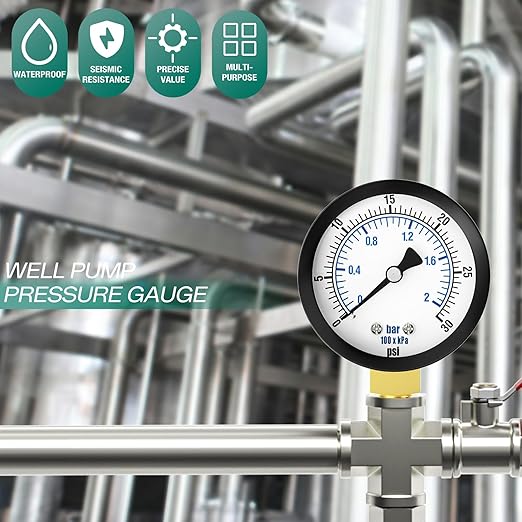 0-30PSI Well Pump Pressure Gauge 2" Dial Size, 1/8" NPT Lower Mount, 3-2-3% Accuracy, for Tube, Water Pump, Gas, Liquid, Pressure Test