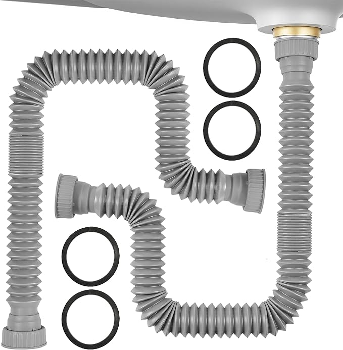 Sink Drain Pipe Kit, 2 Pack Flexible Drain Pipe P Trap, 12.79"-35.03" Flexible P Trap, Under Sink Plumbing for Bathroom & Kitchen, 1-1/4" Adapter Included