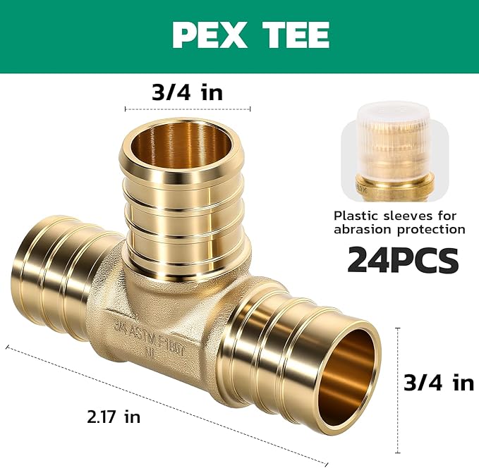 PEX Fittings 3/4 Inch, 24PCS Tee Lead-Free Brass Connectors for PEX B Pipe, NSF UPC Certified, ASTM F1807, Compatible with Crimp/Clamp Rings (Hot/Cold Water, Hydronic Heating)
