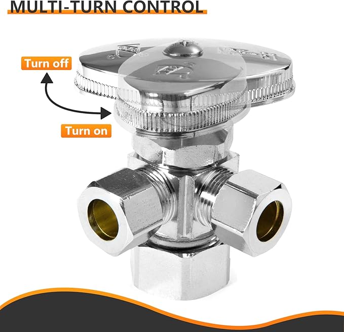 HeSun 5-PCs Pex Angle Stop Valve, 1/2" Nominal (5/8"OD) x 3/8" OD Comp, 3-Way Multi Turn Compression Angle Stop, PEX Chrome Plated Brass