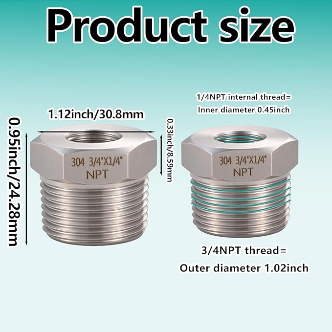 2 Pcs 3/4" Male NPT to 1/4" Female NPT Reducer Hex Bushing，304 Stainless Steel Pipe Fitting Hex Bushing, Heavy Duty Pipe Fitting Reducer Adapter