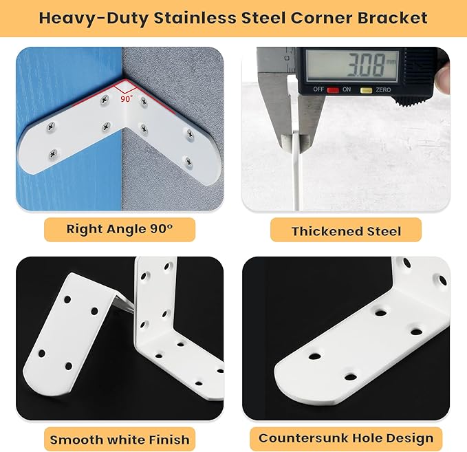 Alise 4Pcs Stainless Steel L Brackets for Shelves White, Small Floating Shelf Brackets, 90 Degree Right Angle Bracket, Heavy Duty Metal L Bracket Corner Brackets for Wood Furniture (3.35X3.35 in)