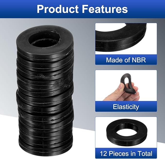 uxcell 12 Pcs Solid Nitrile Rubber Flat Washer DN25 1-1/2" OD x 1" ID x 1/4" Thickness Large Washers O Ring Sealing Gaskets, Industrial Flat Rubber Spacer, Black