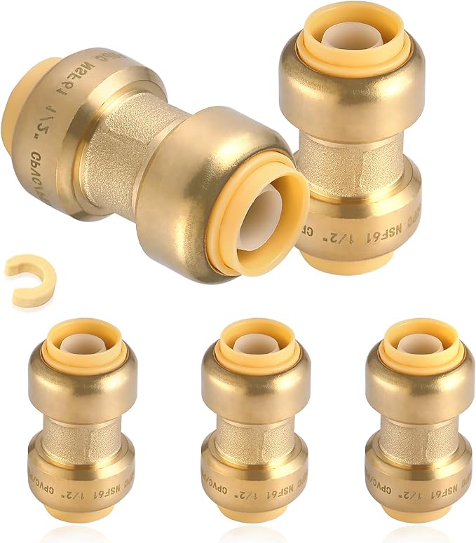 5-Pack HeSun Pushfit Coupling, 1" x 1" Push to Connect Plumbing Fittings with Disconnect Clip, Brass Push-fit Fittings for PEX, Copper, CPVC, PE-RT Pipes(PF009-5)