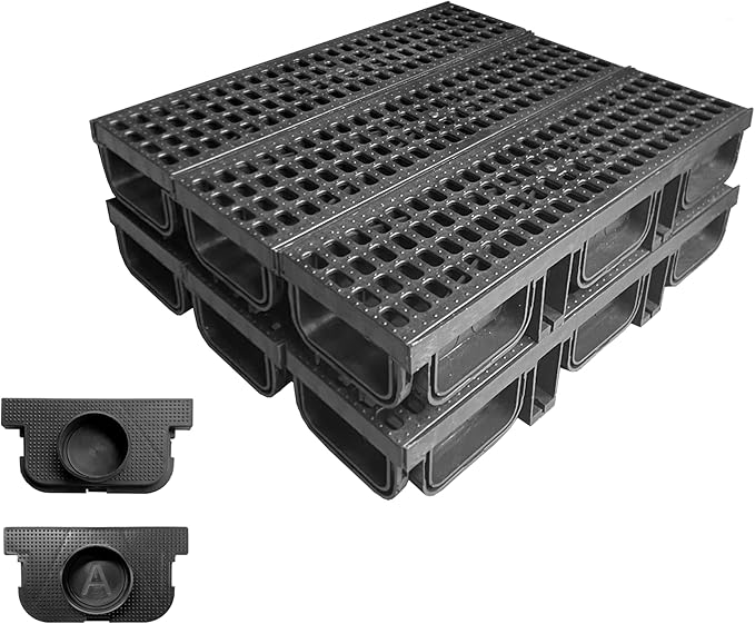 HDPE Channel Drain with Grates-19.7x5.5x3.7 in. Trench Drain System, 6 Pack Total Length 118.2 in, Yard Drainage System with 2 Outlet Adapters for Outdoor,Yard Fence,Sidewalk,Patio