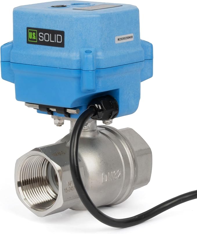 U.S. Solid 1-1/4" Motorized Ball Valve with US Plug 110VAC 304 Stainless Steel Electrical Ball Valve, Auto Return, Normally Closed, NSF Certified, IP67