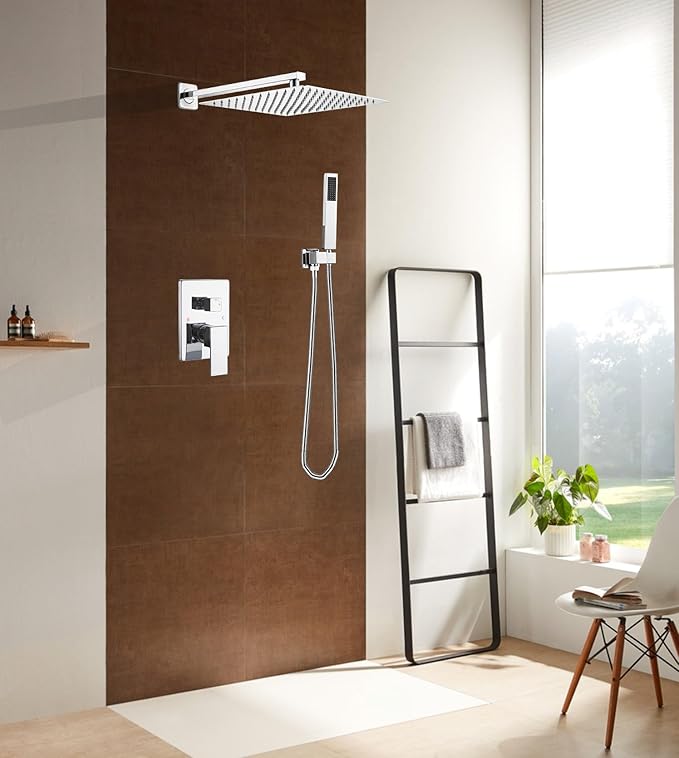 Polished Chrome Shower System 16 Inch Bathroom Luxury Rain Mixer Shower Combo Set Wall Mounted Rainfall Shower Head and Handheld System Shower Faucet Set Rough-in Valve Body and Trim Kit