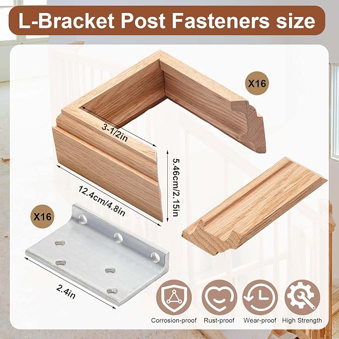 Blulu 4 Set 3-1/2" Newel Post Mounting Kit 16 Pcs L Bracket Metal Post Anchor with 16 Pcs Wood Trim Deck Base Fasteners for Fastening Handrails Balustrades to Stairs and Floors
