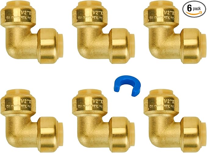 SUNGATOR 1/2 Inch 90 Degree Elbow, Push Pex Elbow 1/2 Inch, No Lead Brass Push-to-Connect 90 Degree Plumbing Fittings for Pex Pipe, Copper, CPVC, with 1 Disconnect Clip, Pack of 6