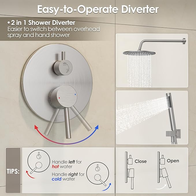 Gabrylly Shower System, Wall Mounted Shower Faucet Set with Shower Valve, High Pressure 10" Rain Shower head with Handheld Spray Combo, 2 Way Rainfall Shower Head Set, Brushed Nickel