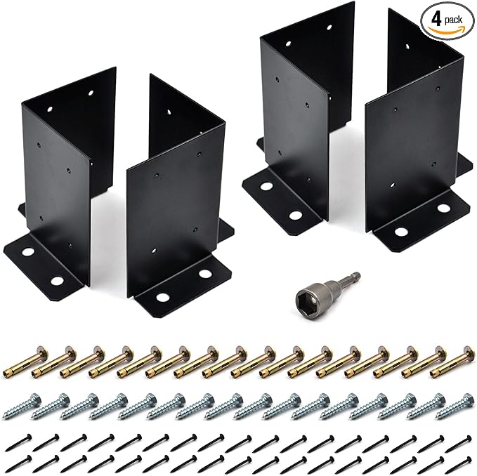 4 Pcs Post Anchor Brackets Kit for 4x4 6x6 8x8 Post, Heavy Duty Wood Fence Deck Tough Post Anchor Base Brackets for Deck Supports, Porch Railings, Handrails and Post Holders