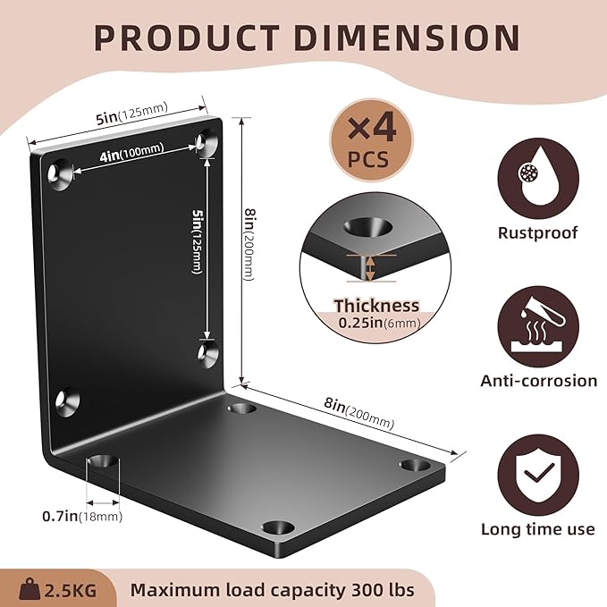4 Pcs 8" X 8" X 6" Heavy Duty Steel L Angle Bracket for Wood, Large 90 Degree Corner Shelf Support Bracket, 8x8 Post to Beam Connector, Thickness 1/4"(6mm), Max Load 300+lbs-