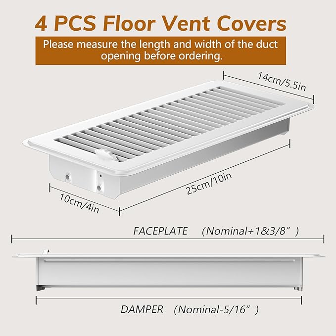 4Pcs Floor Vents Floor Registers 4x10 Inch, Heavy Duty Metal Hot Air Vent Covers 4x10 Inch with Rust-Proof Finish for Home Heater Floor Vent Grilles and Vents (4, White, 4x10 Inches)