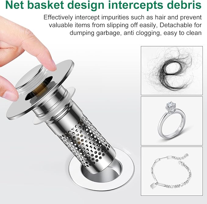 Bathroom Sink Drain Strainer,Universal Pop-Up Sink Stopper Hair Catcher, Stainless Steel Anti-Clog Drain Filter Basket, Removable Sink Drain for Bathroom Sink Stopper Replacement (Silver-4pcs)
