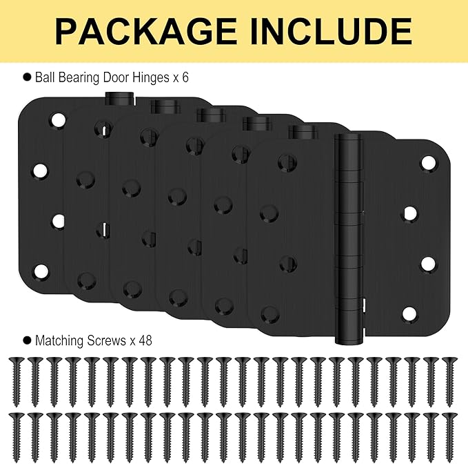 6 Pack 4" Heavy Duty Door Hinges with 5/8'' Radius Corner, 4in x 4in Stainless Steel Door Hinges for Exterior & Interior Doors, Smooth and Quiet (Black)