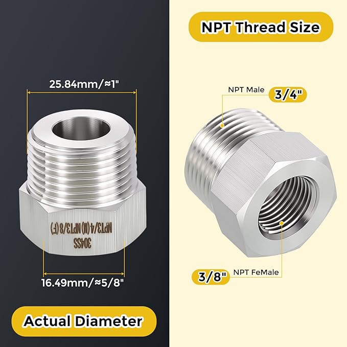 METALLIXITY 3PCS 3/4" Male NPT x 3/8" FeMale NPT Thread 304 Stainless Steel Hex Bushing Extension Tube Adapters Convert for Water Tub Spout/Shower