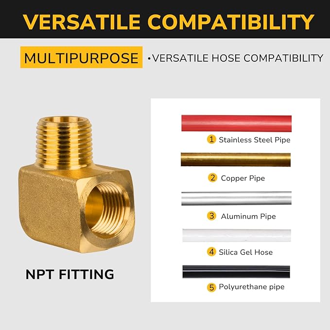 3/8" NPT Male × 3/8" NPT Female 90 Degree Elbow, Brass Pipe Fitting, Barstock Street Elbow for Gas, Air, Oil, Propane, 1200 PSI (2 Pack)