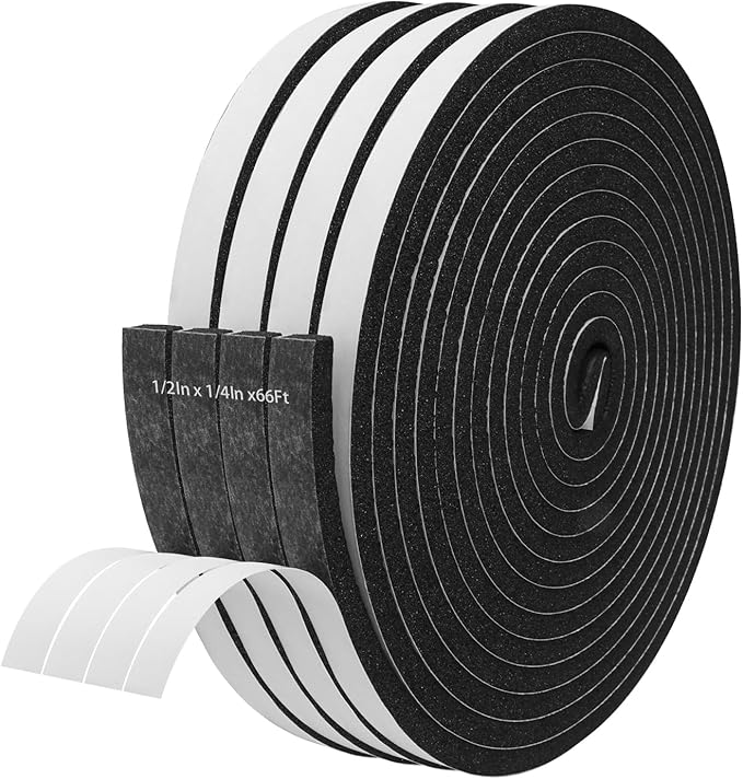 Storystore Foam Insulation Tape Self Adhesive, 1/2In x 1/4In x66Ft Weather Stripping for Doors and Windows, Sound Proof Soundproofing Door Seal, Weatherstrip, Air Conditioning Seal Strip