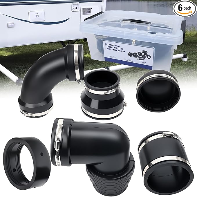RV and Camper Sewer Waste Plumbing Connection System Kit Compatible with 3 inch PVC Pipe RV Sewer Hose Fittings RV Sewer Adapter 6 Pcs, Set with Transparent Storage Box