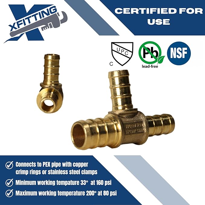 XFITTING 1/2 inch x 3/8 inch x 3/8 inch Pex Tee, Pex B Reducing Tee Crimp Version 25-5-3=5X, 5 Pieces