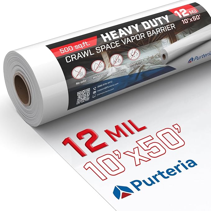 Crawl Space Vapor Barrier, 12 Mil 10' x 50', White Vapor Barrier, Thick Plastic Sheeting, Heavy Duty Polyethylene Film, Drop Cloth Covering for Crawl Space, Basement, Garden