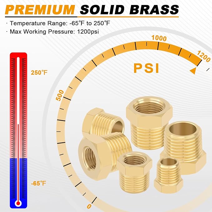 KOOTANS 4pcs Heavy Duty 1/2 NPT Male Thread to 1/8 NPT Female Thread Brass Reducer Hex Bushing Brass Fitting Pipe Hose Tube Adapter Convert