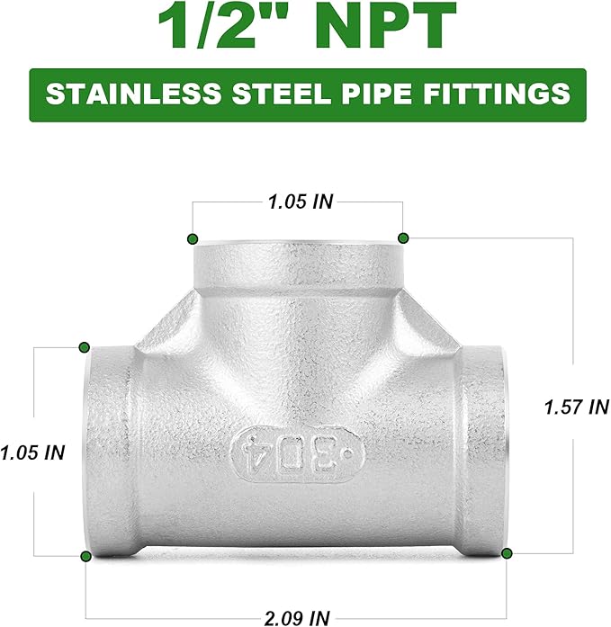 TAISHER 2PCS Stainless Steel Tee Pipe Fittings, 1/2" x 1/2" x 1/2" NPT Female Pipe Fittings