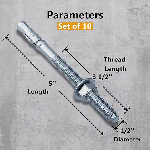 Party Animals 1/2 x 5 Inch Wedge Anchor, 10 PCs Zinc-Plated Industrial Anchor Bolts for Cement, Concrete