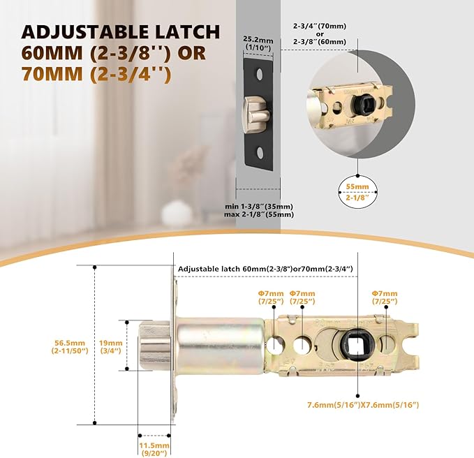 Adjustable Door Latch 2-3/8''(60mm) or 2-3/4''(70mm), 45° Turning Angle Universal Door Lock Replacement Part with 3/10'' (7.7mm) Square Hole, Handles or Deadbolts Not Included