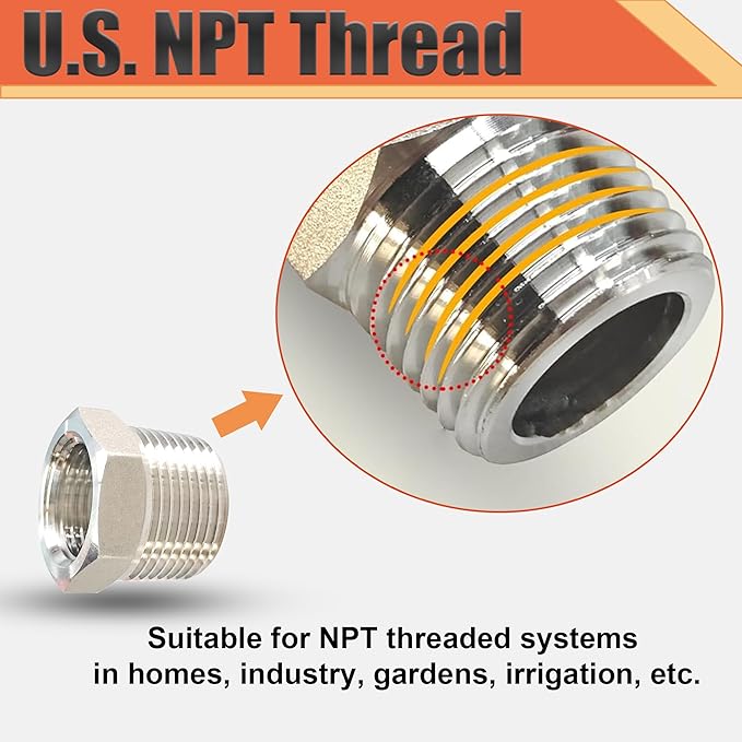 1/2" NPT Male to 3/8" NPT Female Reducer Bushing, 304 Stainless Steel Pipe Hex Bushing NPT Male to Female Reducing Adapter Pipe Fitting for Reducing Pipe (1/2mnpt x 3/8fnpt)